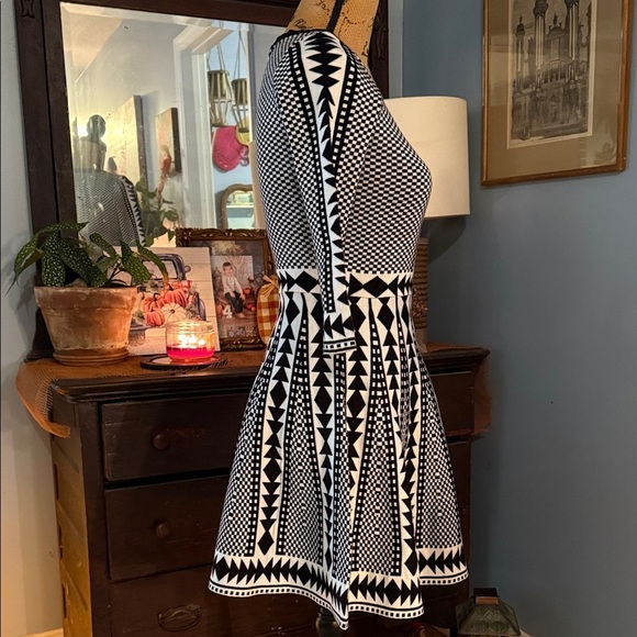 Nina Leonard Black and White Geometric Print Fit & Flare Sweater Dress NWT - Picture 9 of 15